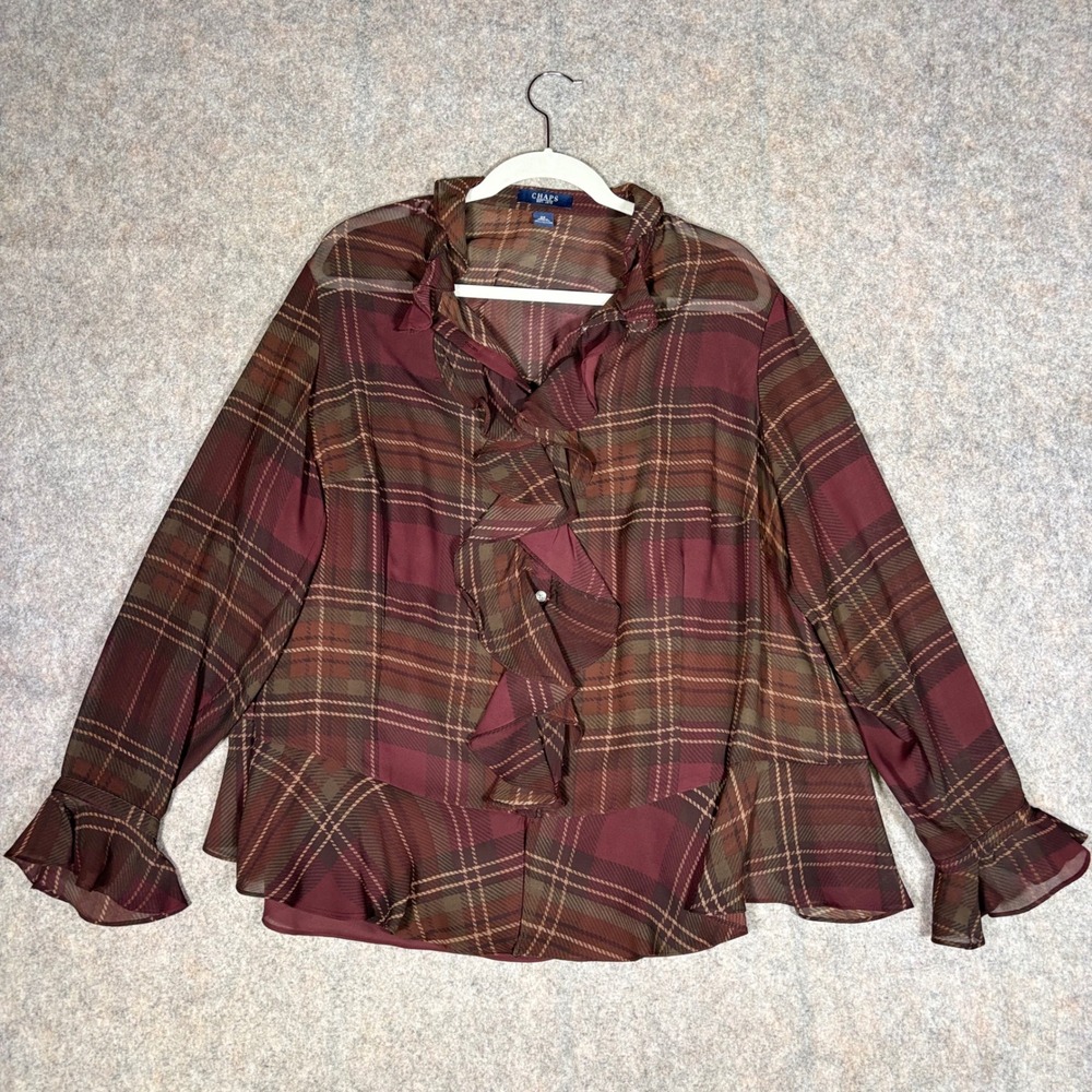Chaps Blouse Womens 2X Burgundy Plaid Ruffle Front Layered Camisole Set Career